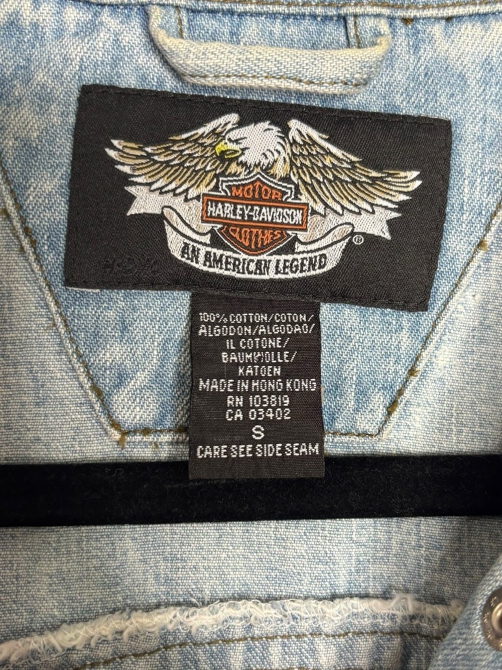 VTG Harley-Davidson Embroidered Denim Jacket Leather Fringe Button Front Small - Picture 3 of 11